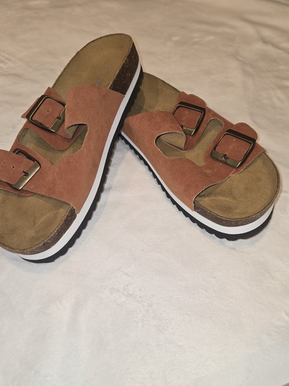 Women’s Double-Buckle Suede Slide Sandals in Rust Brown